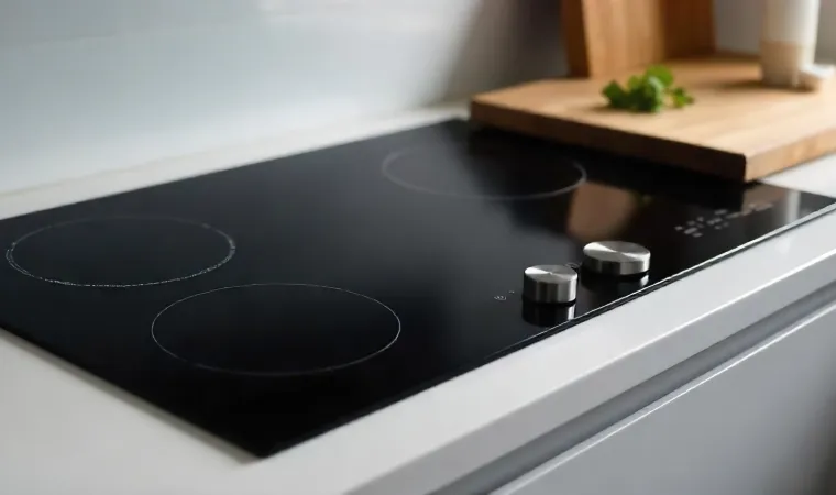 Fogão elétrico com vidro preto em uma bancada de cozinha.