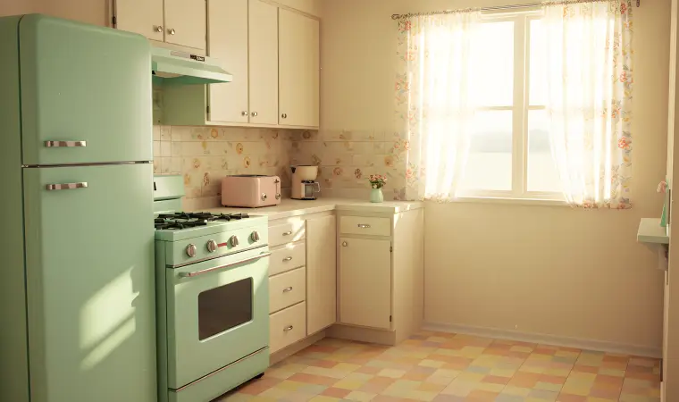 Uma cozinha com um fogão venax retrô verde.