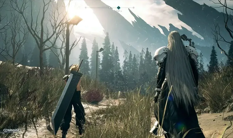Imagem do jogo Final Fantasy 7 Rebirth mostrando o herói Cloud e o vilão Sephiroth caminhando pela cidade de Nibelheim com belos efeitos de luz entre árvores e formações rochosas inclinadas 