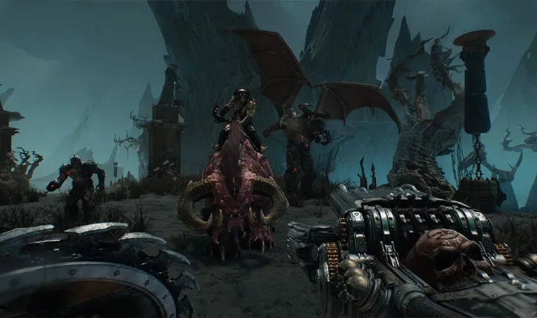 Imagem do jogo Doom: The Dark Ages de PC mostrando o protagonista DoomSlayer segurando uma arma enquanto enfrenta demônios 