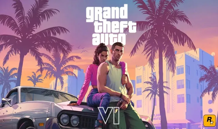 Arte de GTA 6 com o personagem Jason no centro e Lucia abraçando-o por trás sentada no capô de um carro com palmeiras e prédios estilizados de Vice City ao fundo em tons de rosa e o logo de Grand Theft Auto atrás deles
