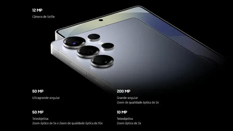 Imagem do conjunto de câmeras do GAlaxy S25 junto às especificações técnicas