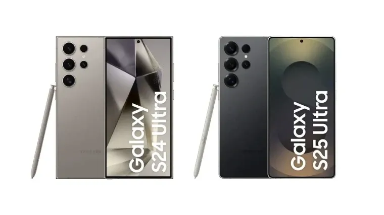 Imagem montagem do Galaxy S24 Ultra ao lado do Galaxy S25 Ultra para comparação de design