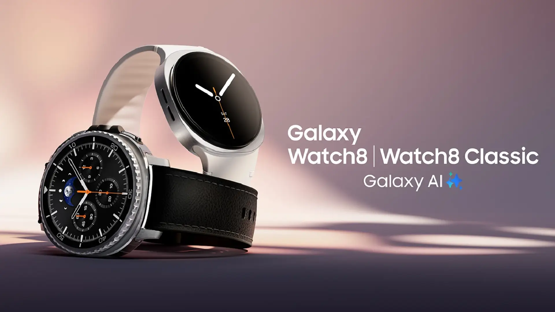 Dois Galaxy Watch 8 um sobre o outro ao lado do seu nome em fundo vinho