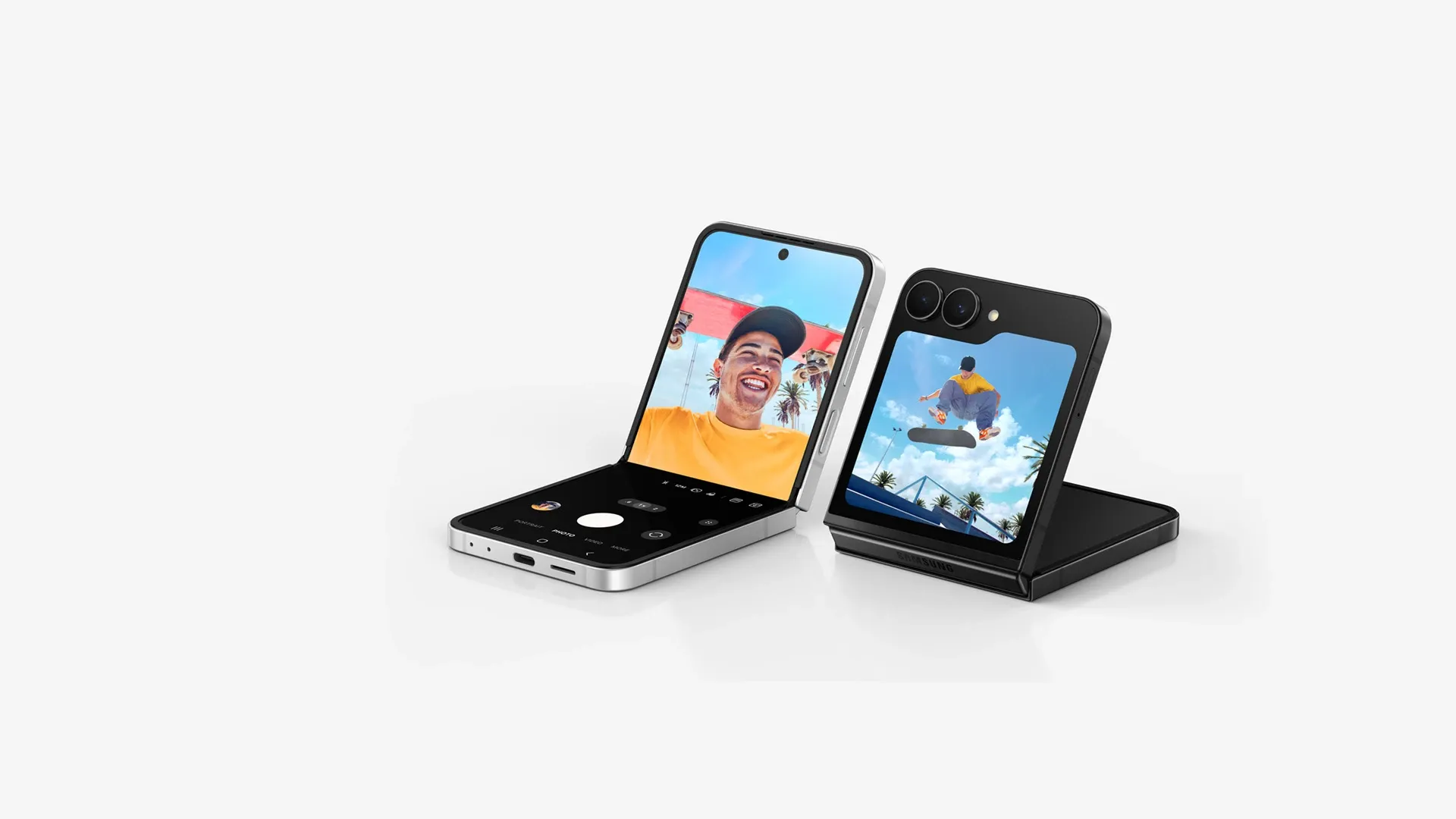 Dois celulares Galaxy Z Flip 7 FE lado a lado um aberto e um dobrado