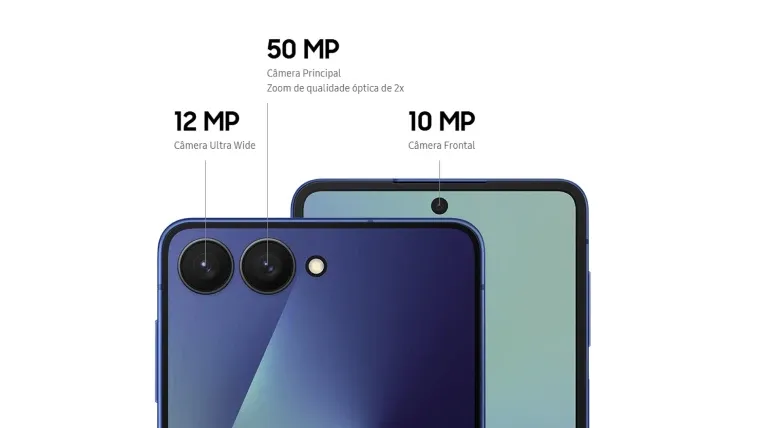 Imagem destacando os sensores do Galaxy Z Flip7 e Flip7 FE com marcações das resoluções e posições das câmeras