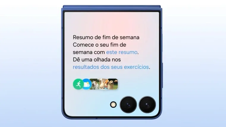 Imagem do Galaxy Z Flip7 mostrando a tela externa com resumo de fim de semana e atalhos do sistema