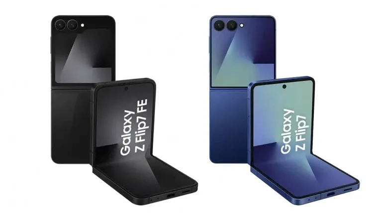 Imagem do Galaxy Z Flip7 e Galaxy Z Flip7 FE lado a lado em posição aberta, destacando as traseiras e telas internas