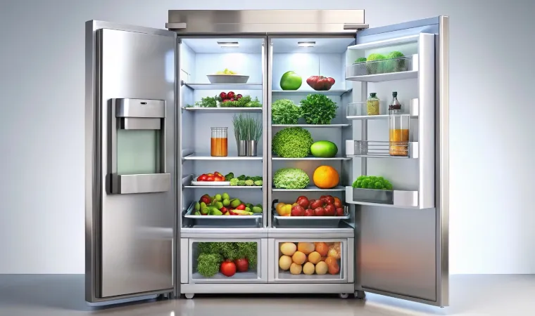 Geladeira Frost Free Electrolux inox com as 2 portas abertas exibindo frutas e verduras. 