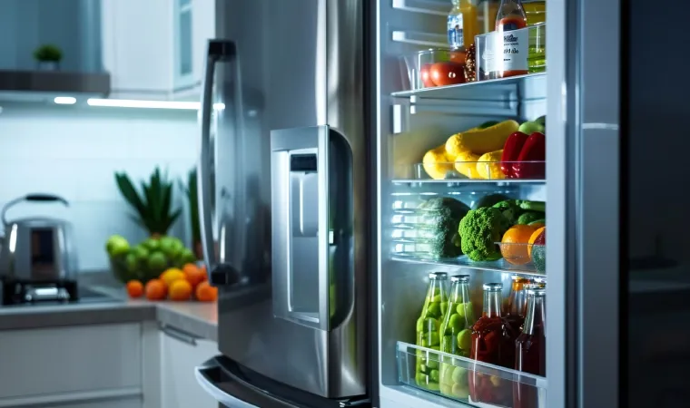 Geladeira Side by Side inox com uma das portas abertas mostrando os alimentos.