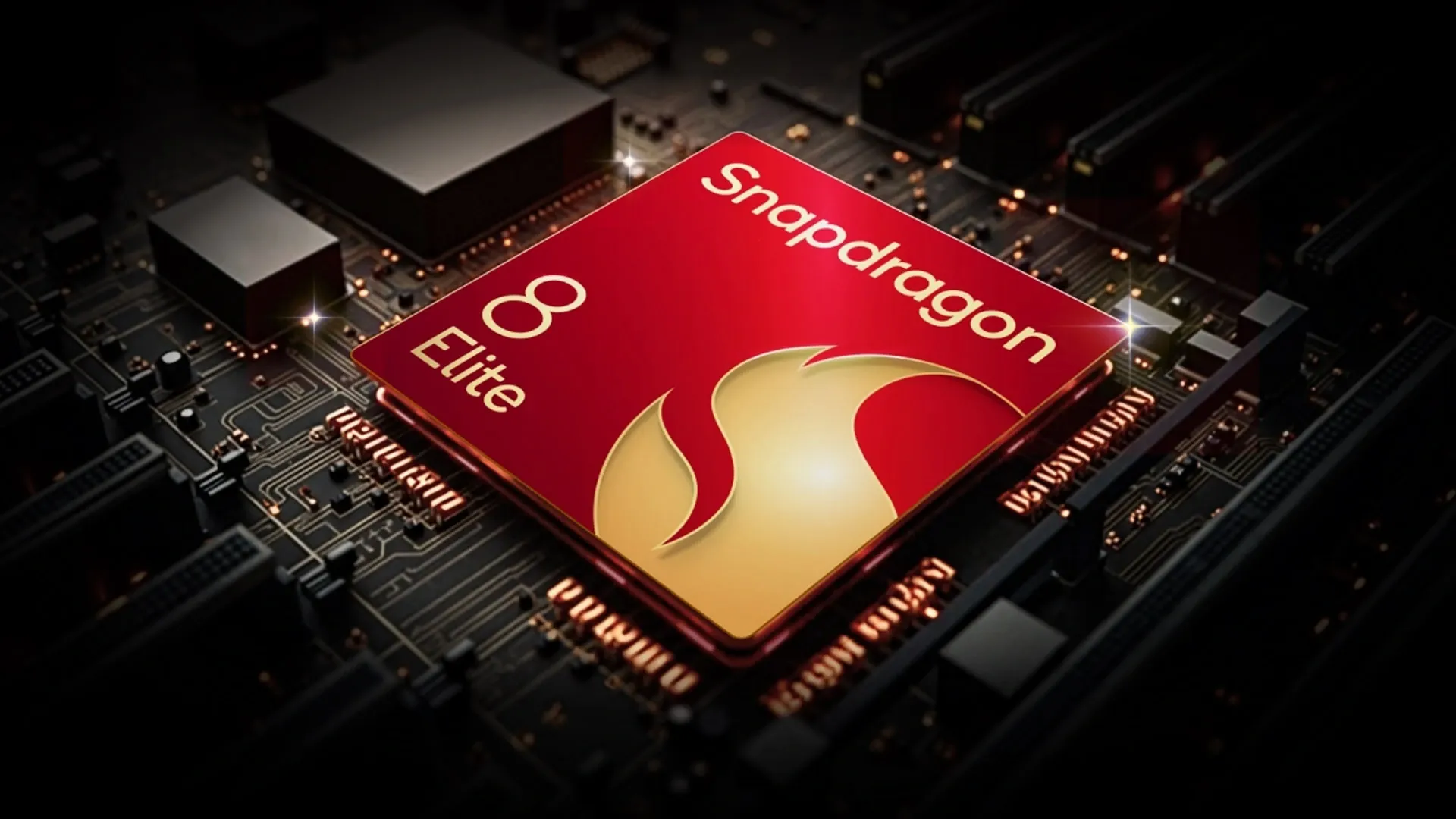 Ilustração do chip Snapdragon 8 Elite instalado em placa de circuito eletrônico