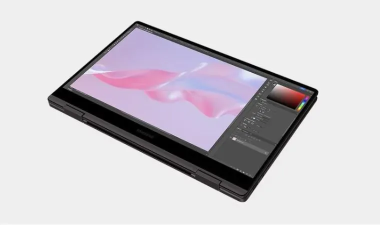 Notebook 2 em 1 Galaxy Book3 360 no seu modo tablet sobre um fundo claro