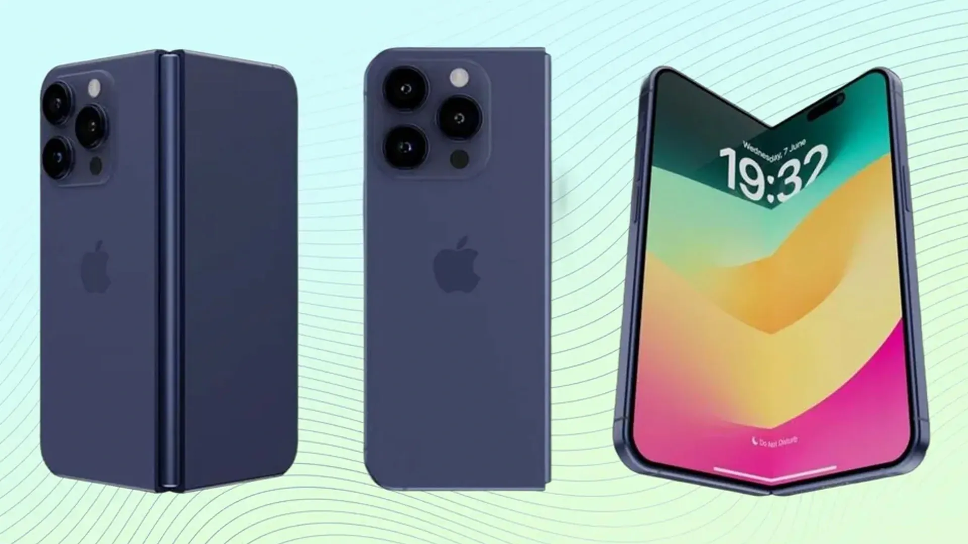 Imagem conceitual do iphone dobrável em três modelos diferentes