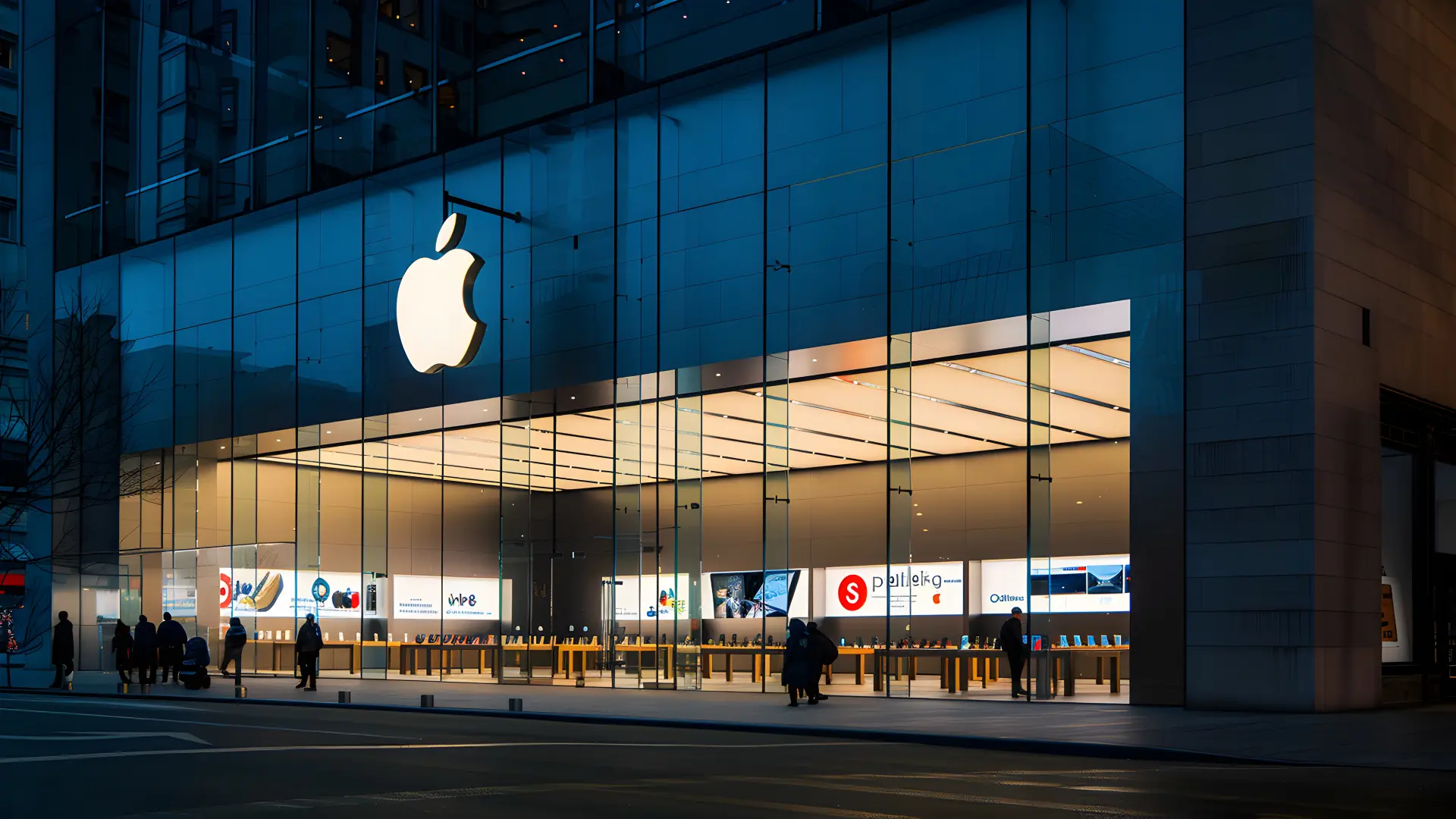 Loja da Apple ao lado de edifício moderno em noite iluminada