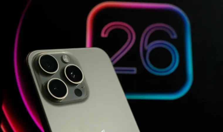 iPhone 16 Pro Max ao lado do logo do iOS 26 em fundo preto 