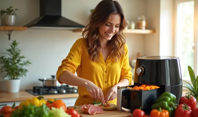 Mulher cozinhando com uma air fryer preta aberta em funcionamento.