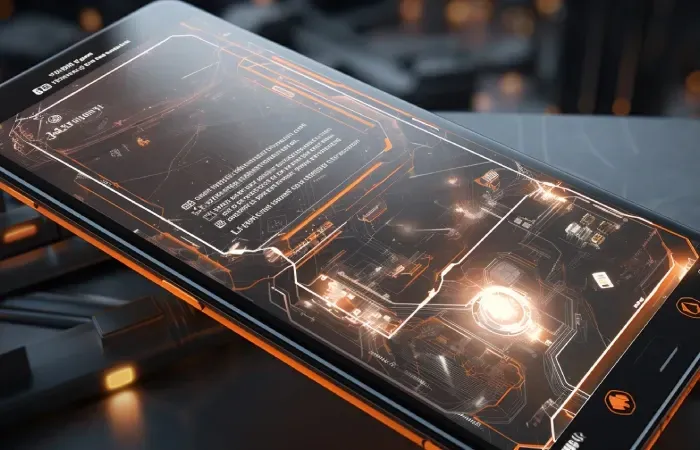 Imagem de um smartphone exibindo interface técnica com detalhes de hardware e circuitos