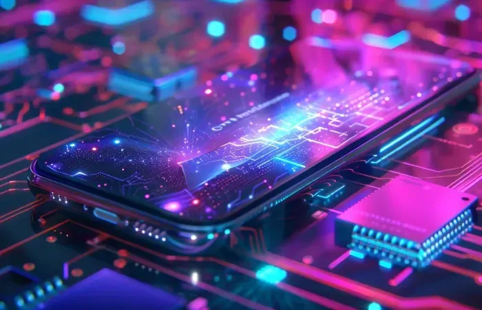 Imagem ilustrativa de um smartphone sobre um circuito digital com visual futurista 