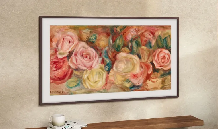 Imagem mostra uma TV Samsung The Frame apresentando uma obra de arte.
