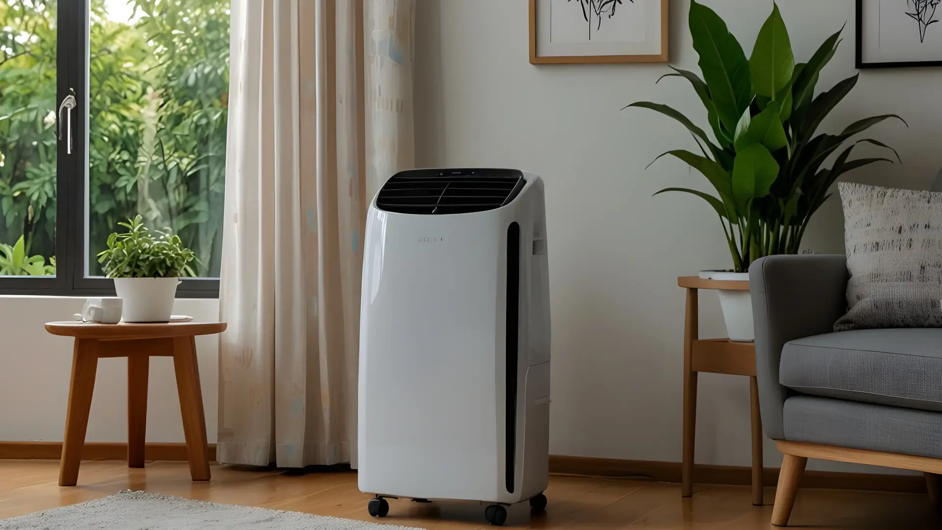 ar-condicionado portátil moderno entre janela e sofá de ambiente de sala de estar
