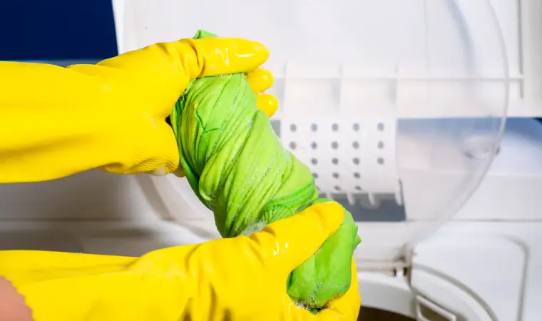 Pessoa com luvas torcendo um pano no tanquinho newmaq.