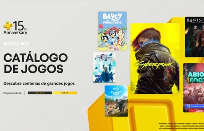 Imagem do catálogo de jogos da PS Plus com títulos como Cyberpunk 2077, Risk of Rain 2, Banishers: Ghosts of New Eden, Abiotic Factor e mais