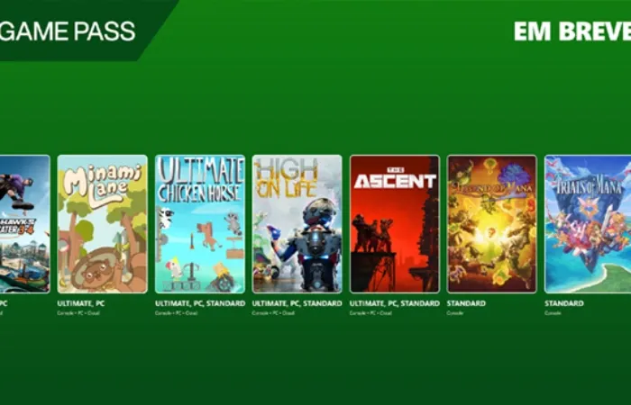 Imagem do Xbox Game Pass com alguns games como Tony Hawk’s Pro Skater 3+4, Minami Lane, Ultimate Chicken Horse, High on Life e mais