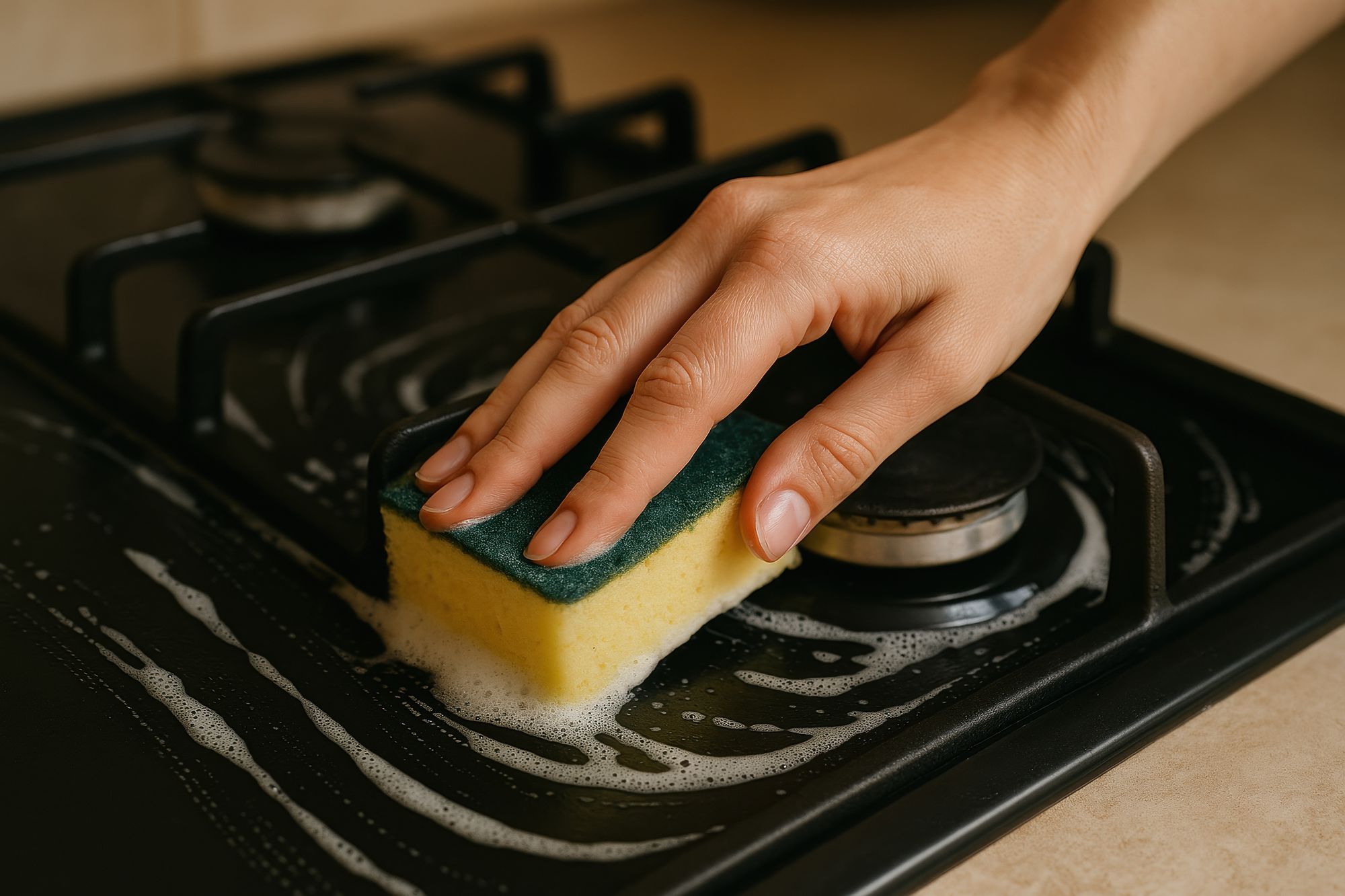 Uma mão esfregando um fogão simples 4 bocas com uma esponja.