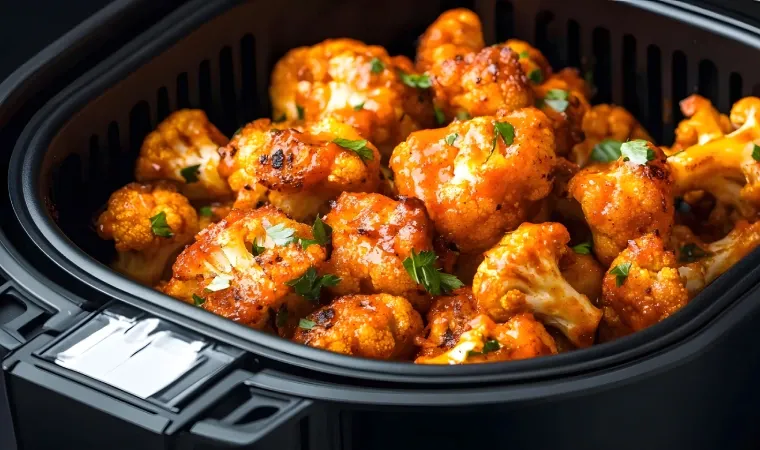 Couve-flor frita e dourada dentro do cesto da air fryer.