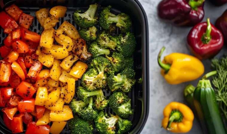 Cesta de uma air fryer Rita Lobo com legumes dentro.