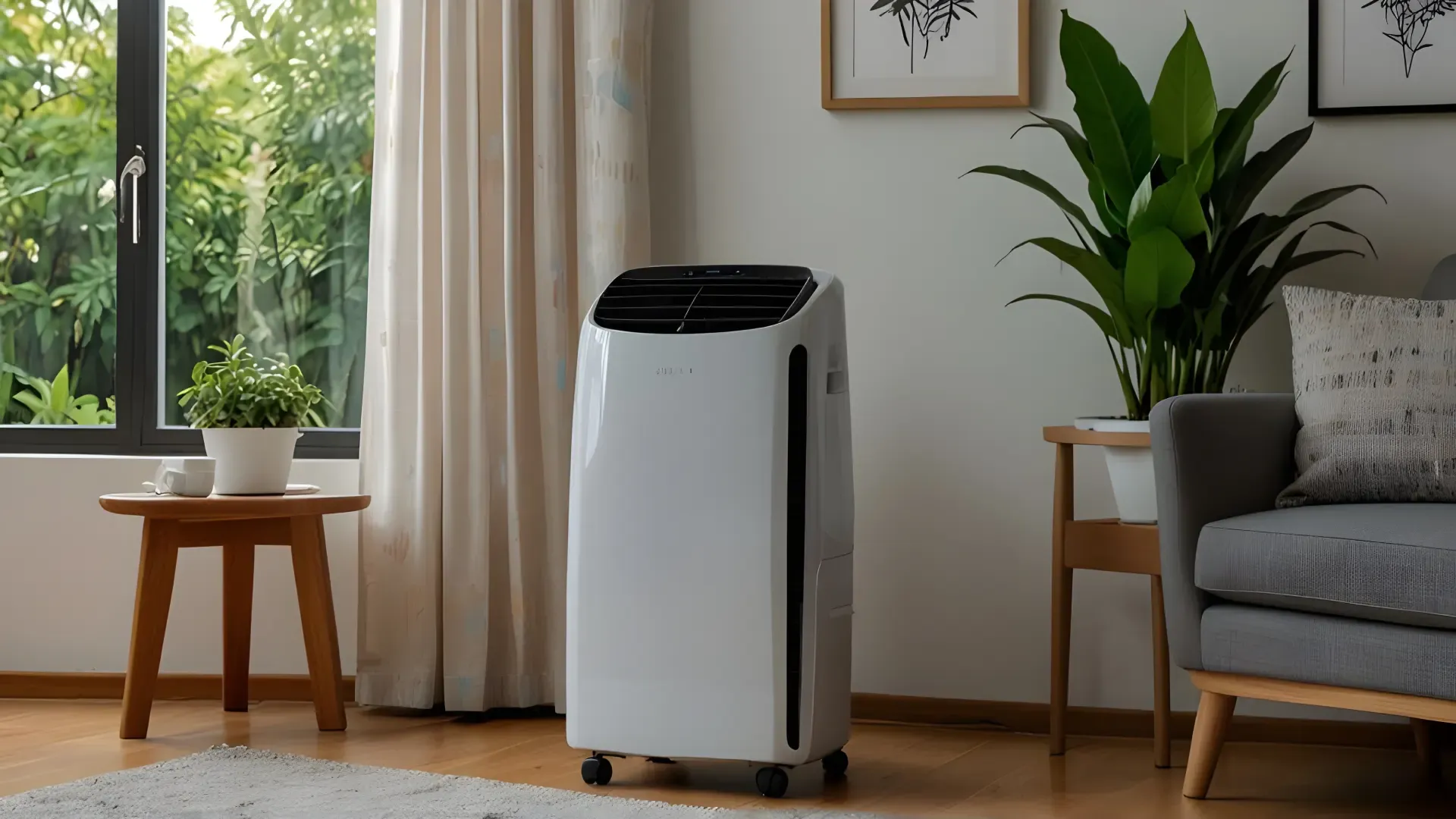 Ar-condicionado portátil instalado ao lado do sofá na sala