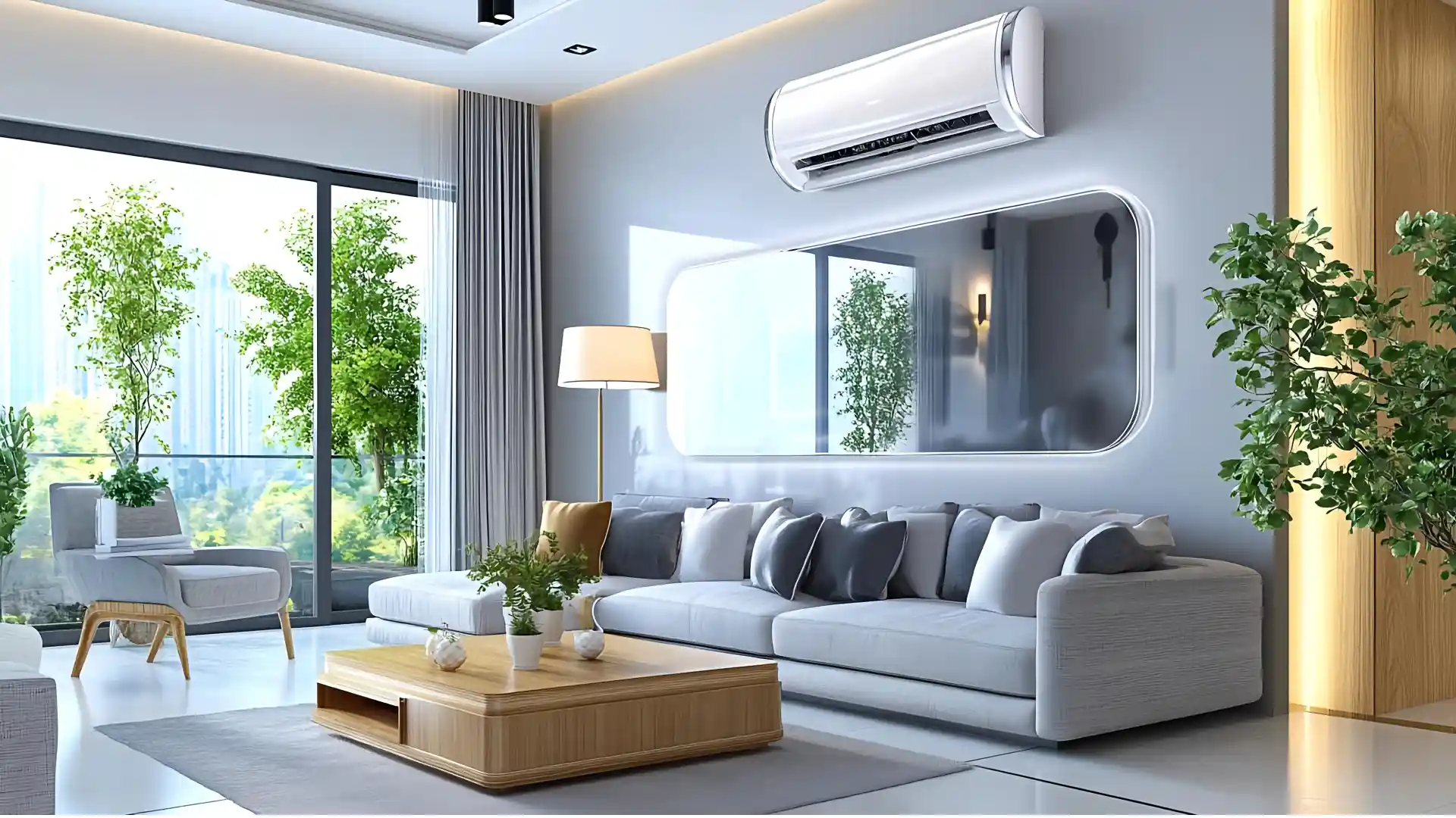 ilustração de sala moderna e ampla, iluminada com luz natural e ar-condicionado split na parede