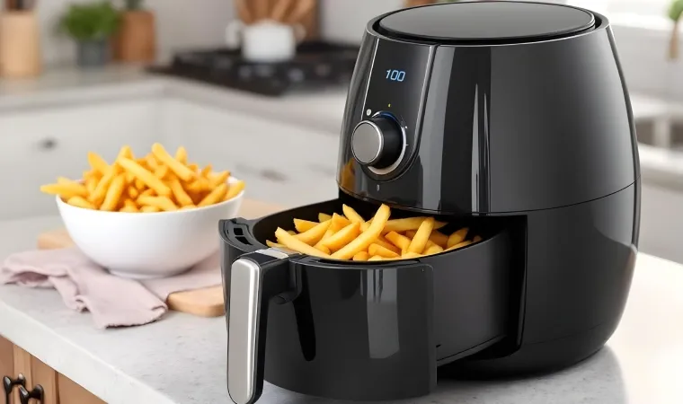 Air fryer preta aberta, em cima da bancada de uma cozinha, com batatas fritas no cesto.