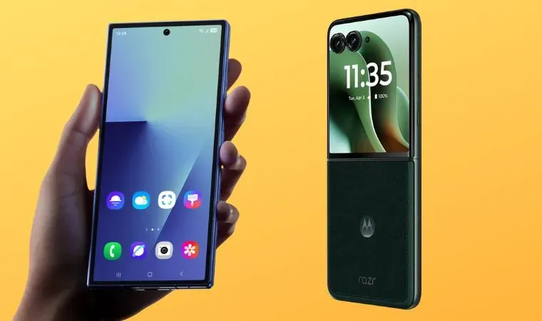 Dois celulares da Samsung e Motorola estão lado a lado enquanto mostram as telas ligadas