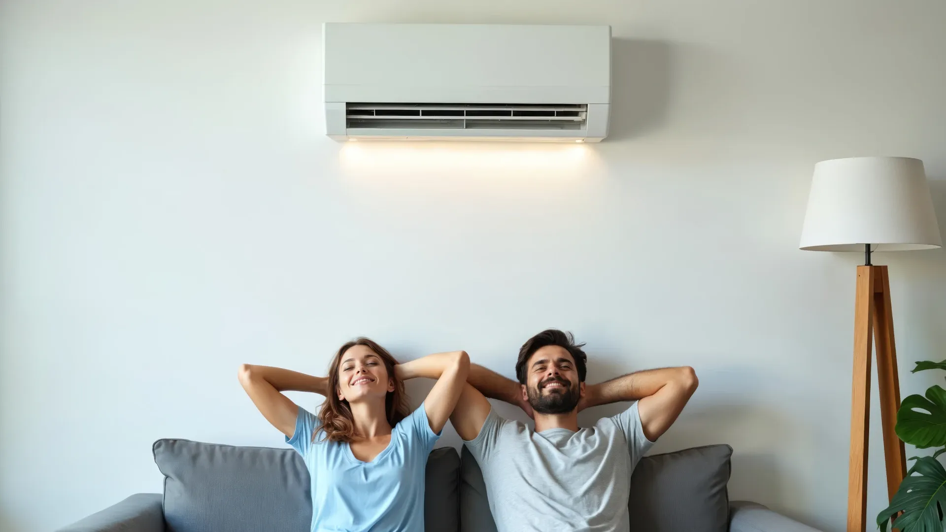 Jovem casal sentado no sofá aproveitando o ar-condicionado