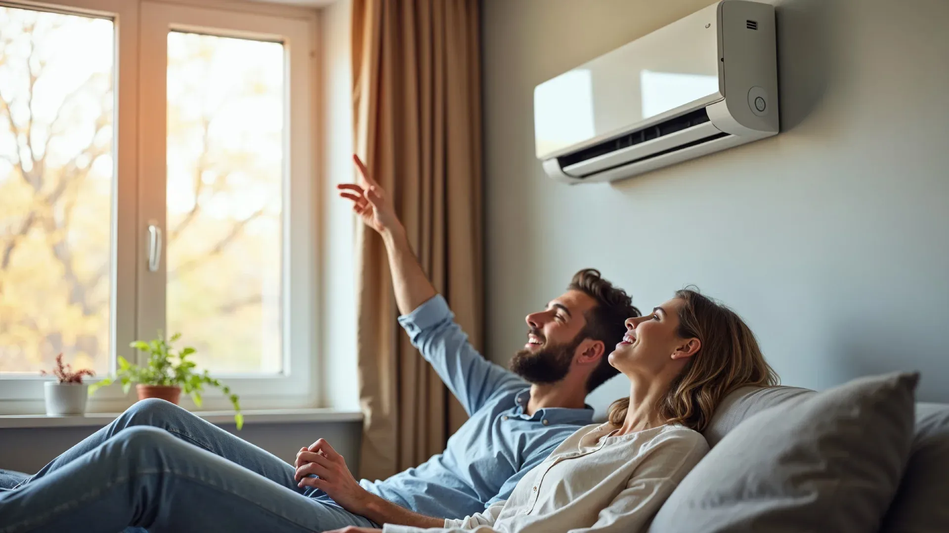 casal jovem relaxando no sofá em sala com ar-condicionado split na parede atrás deles