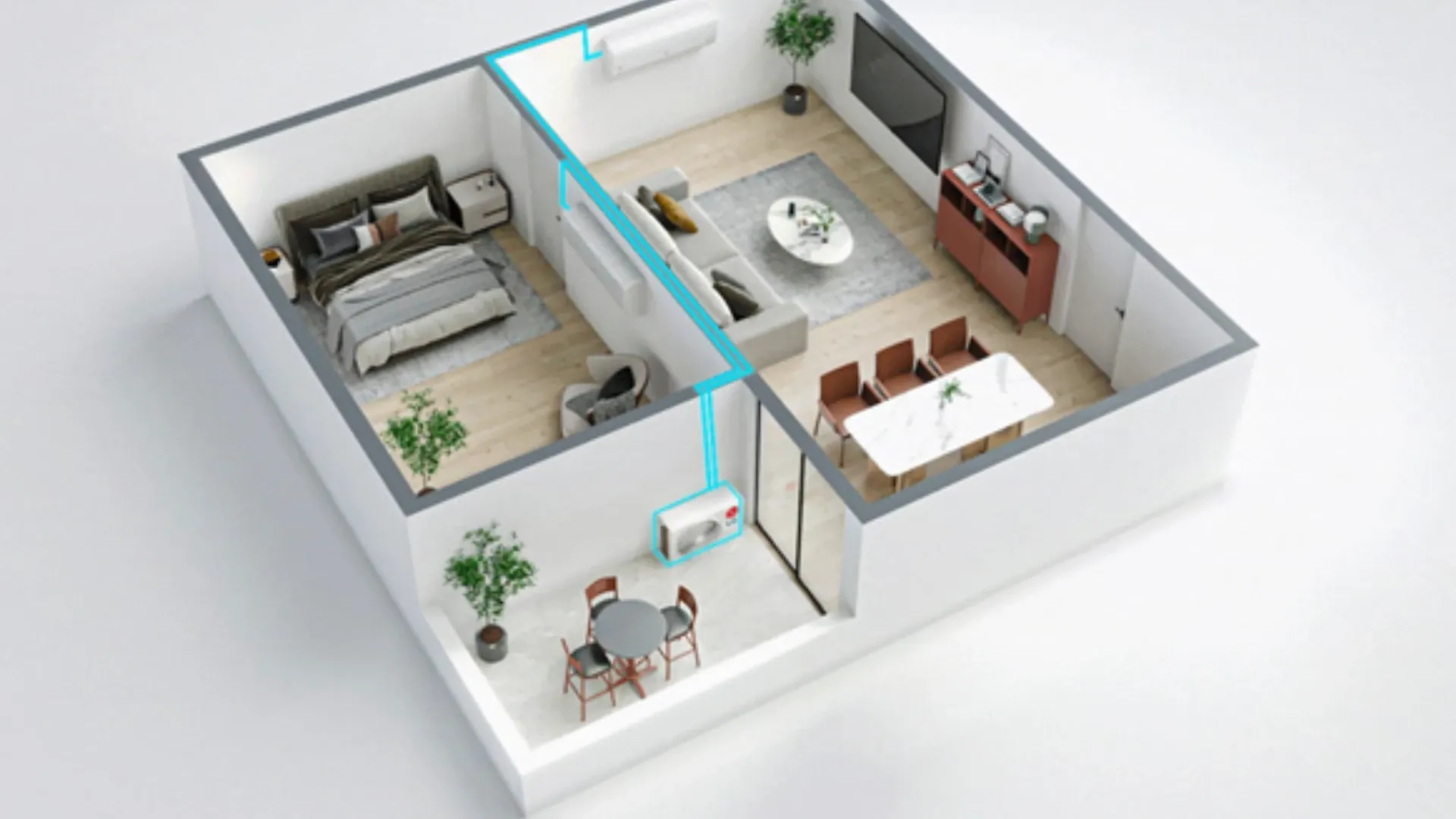 Imagem em 3D para representar a planta de uma casa com dois ar-condicionado multi split da LG