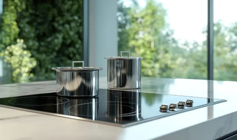 Panelas de inox em cima de um cooktop por indução 4 bocas.