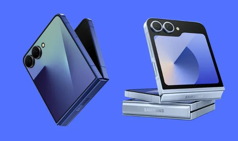 Dois celulares dobráveis estão lado a lado e suspensos no ar
