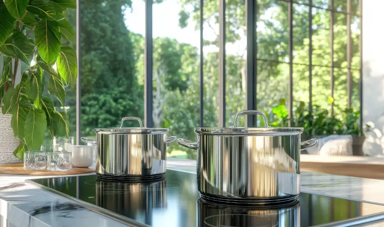 Panelas de inox em cima de um fogão de indução.