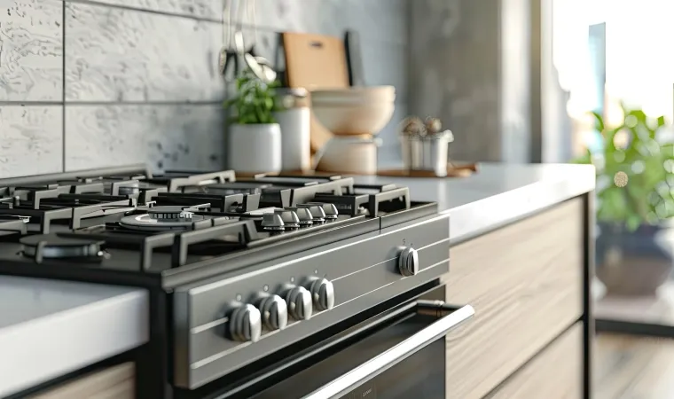 Fogão com mesa de vidro em uma cozinha moderna.