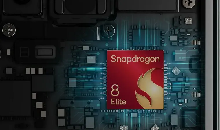Um processador de celular escrito Snapdragon 8 Elite está sobre um fundo digital 