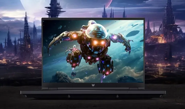 Imagem do notebook gamer Acer Predator Helios Neo 16 aberto com a imagem de um robô na tela e uma cidade futurista ao fundo 