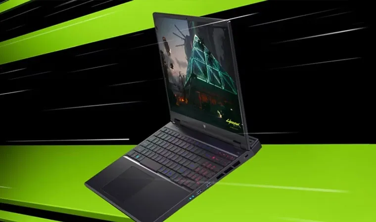 Imagem do notebook gamer Acer Predator Helios Neo 16 por um ponto de vista inclinado lateralmente com o game Cyberpunk 2077 na tela 