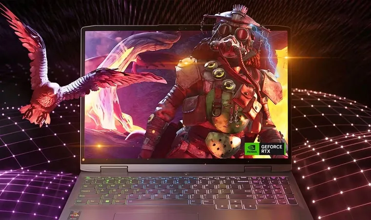 Notebook gamer Lenovo LOQ 15IRX9 com uma imagem do personagem Bloodhound de Apex Legends e seu corvo branco Artur voando fora da tela 