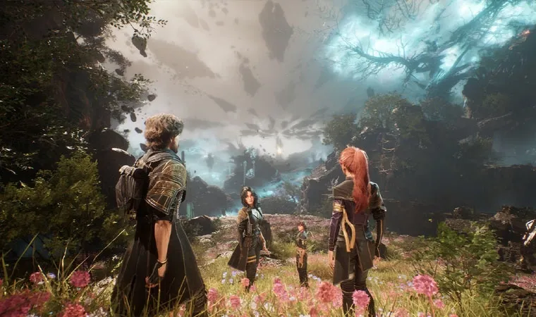 Imagem do jogo Clair Obscur: Expedition 33 com os personagens Gustave, Maelle, Lune e mais andando em um campo florido com um céu cinza e azul repleto de anomalias 