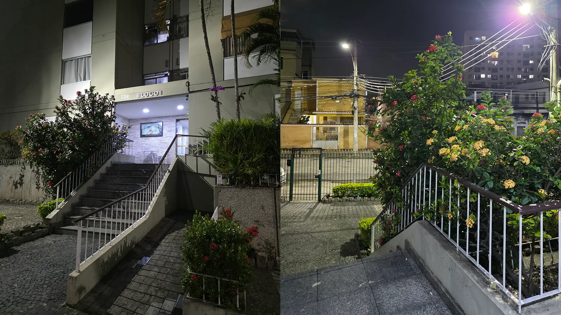 Fotos realizadas com o Galaxy fold7 exibindo de entrada de edifício a noite