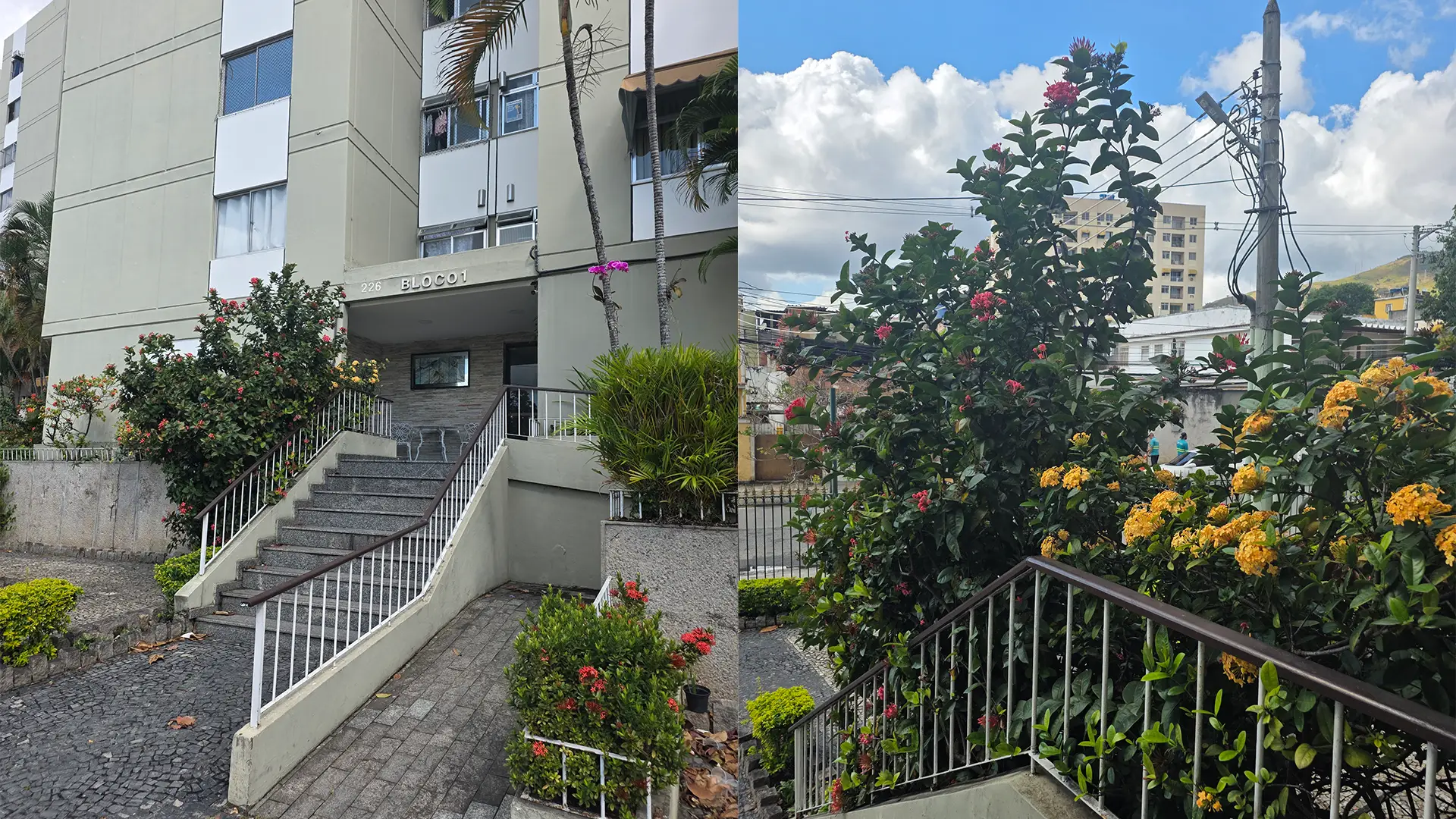 Fotos realizadas com o Galaxy fold7 de entrada de edifício exibindo uma escada com arbustos de flores