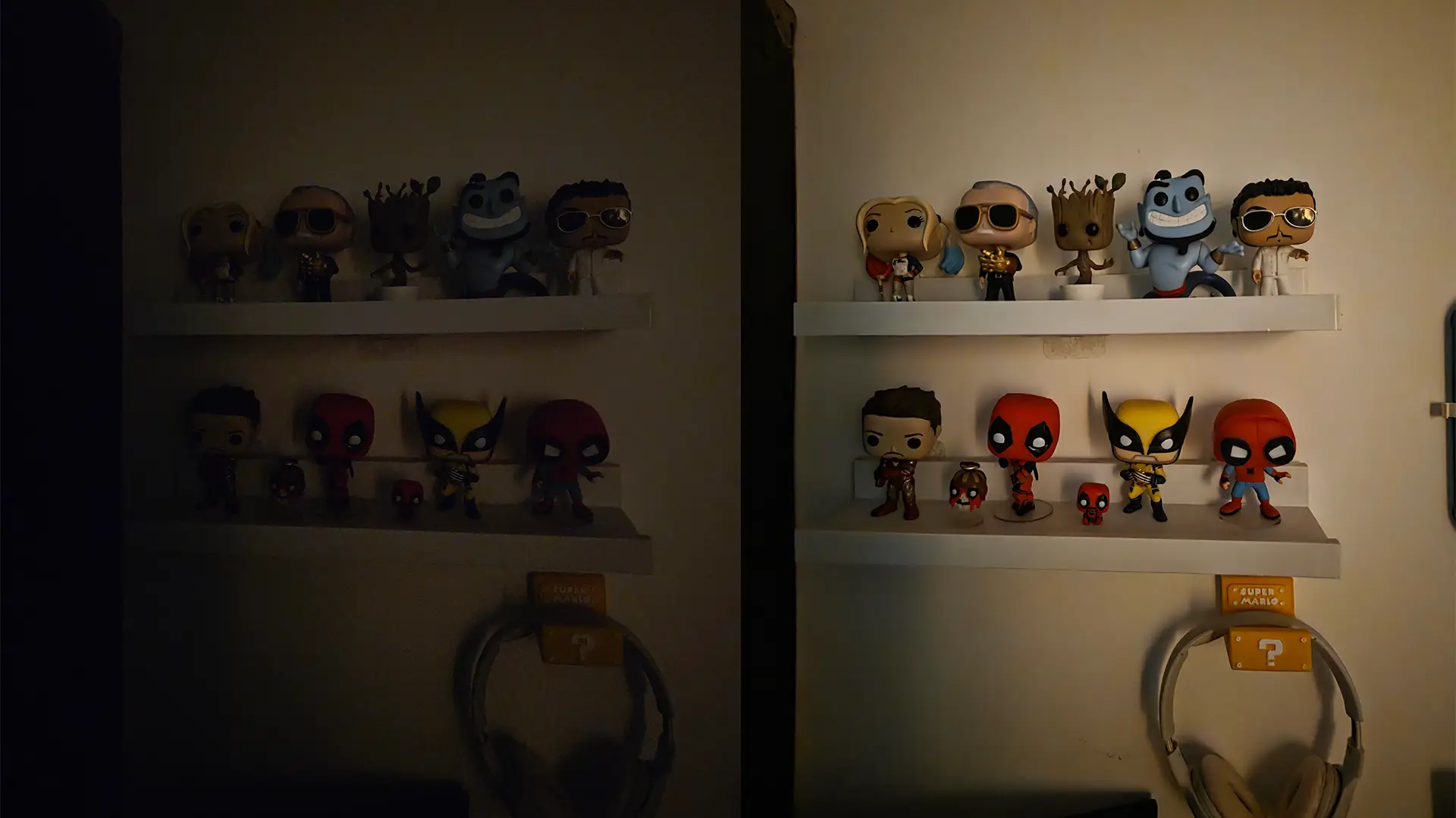 Comparativo de fotos em ambiente com baixa iluminação utilizando moto noturno exibindo bonecos em duas prateleiras 