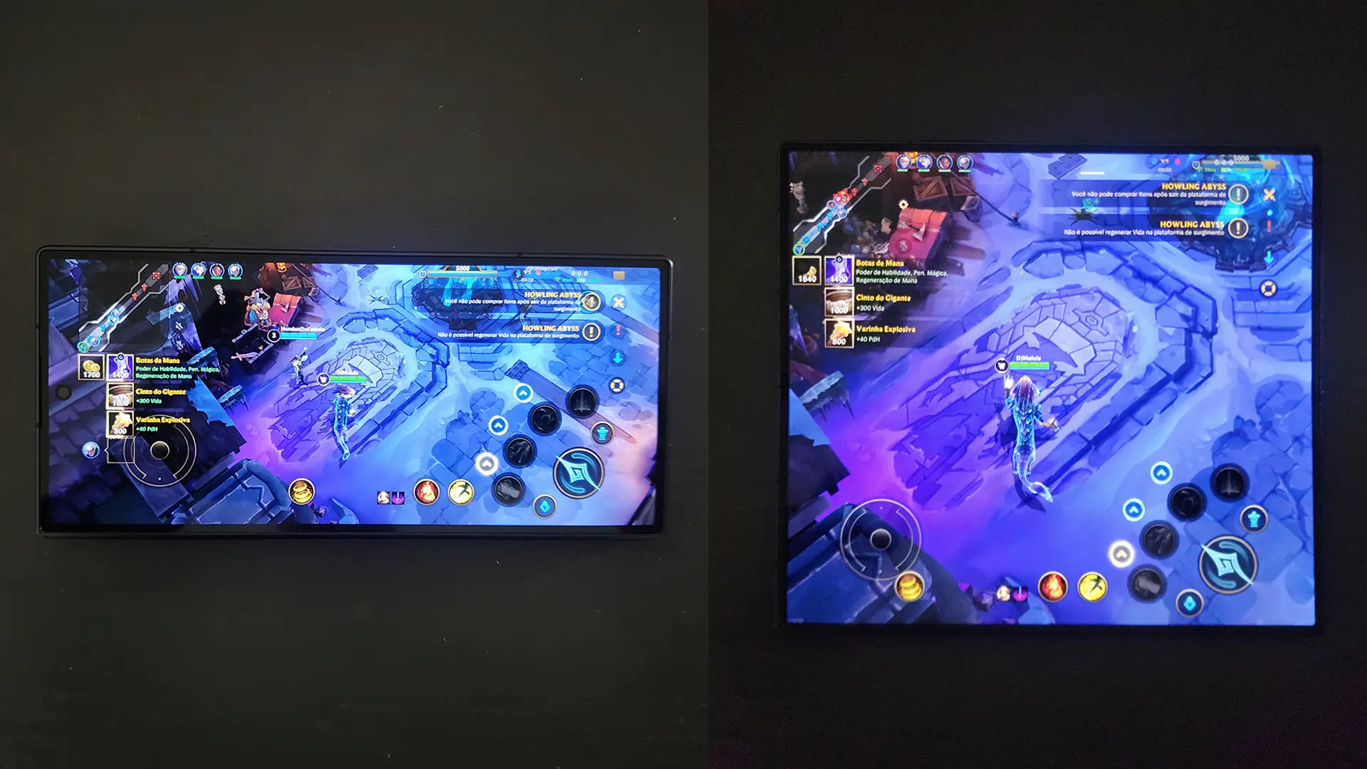 Comparativo exibindo a visualização de jogos com a tela interna e externa do Galaxy Fold7 